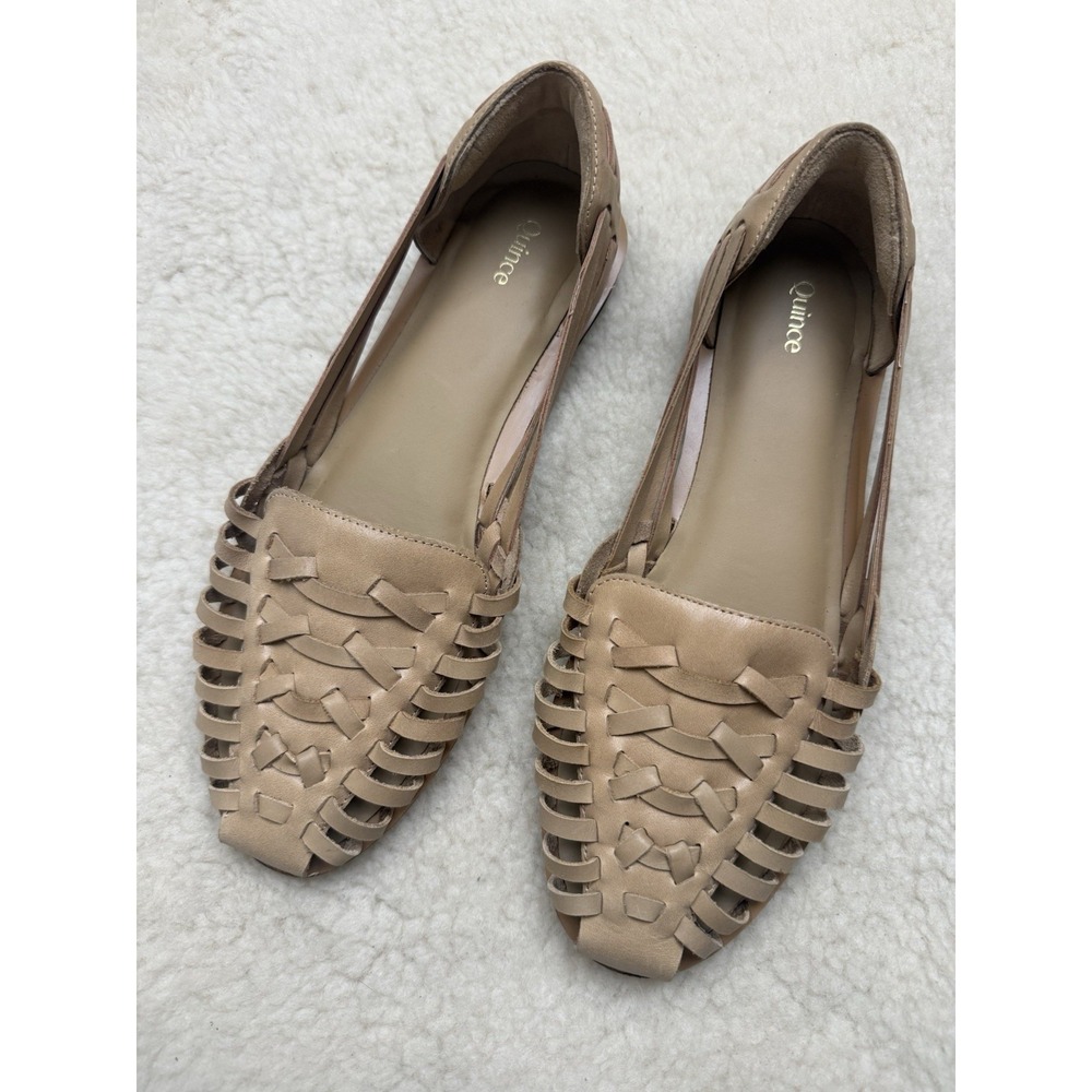Quince Nisolo Huarache Tan Woven Leather Sandals Flats Square Toe Boho Slip On